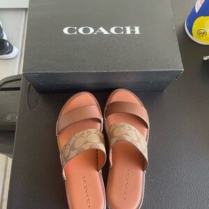 Coach Women's Tan and Brown Slide Sandals